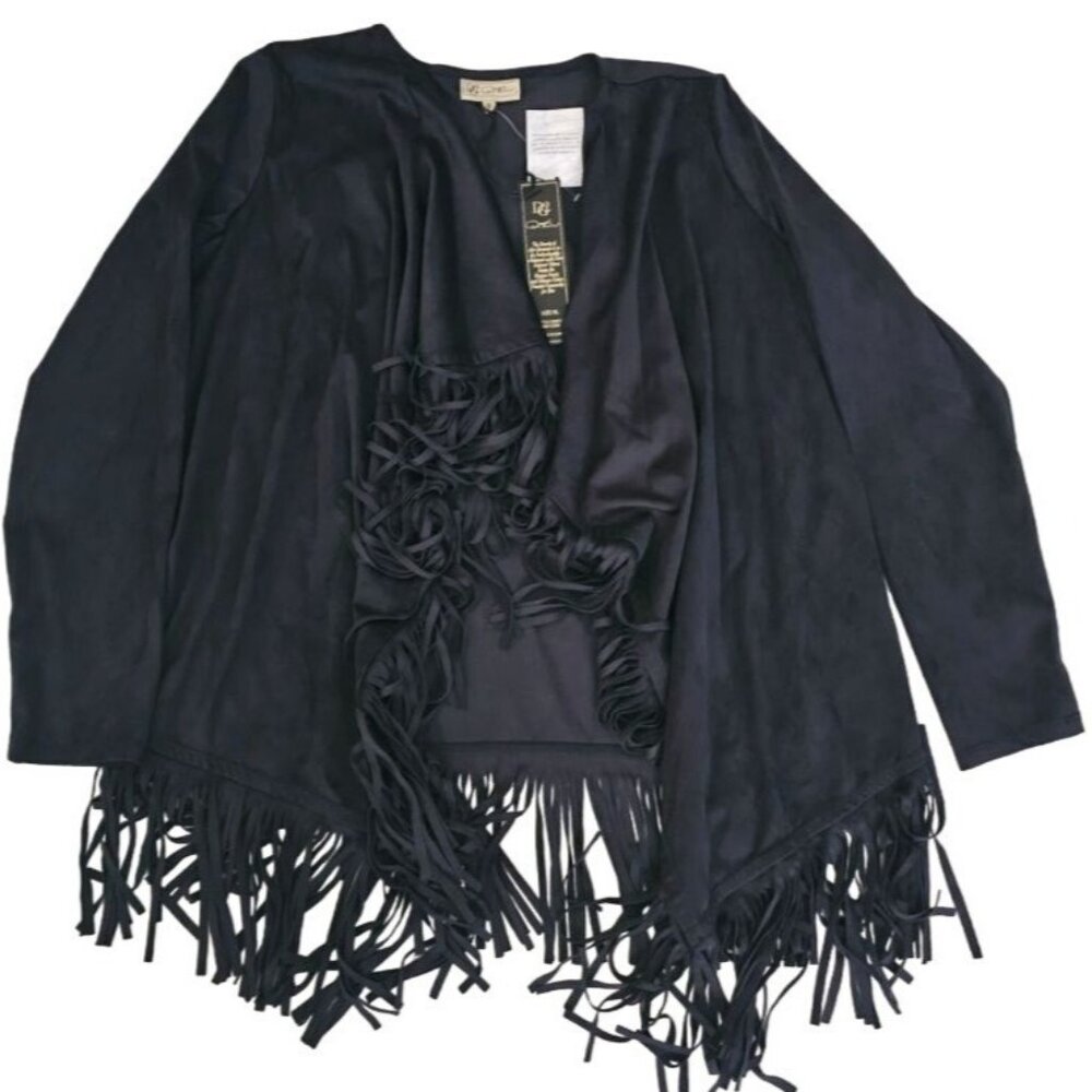 DG2 By Diane Gilman Women's Black Fringed Trim Open Front Cardigan Size XL NWT - Picture 2 of 13